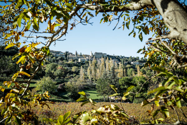 Vue éloignée sur le vieux village de Crestet, perché en hauteur.