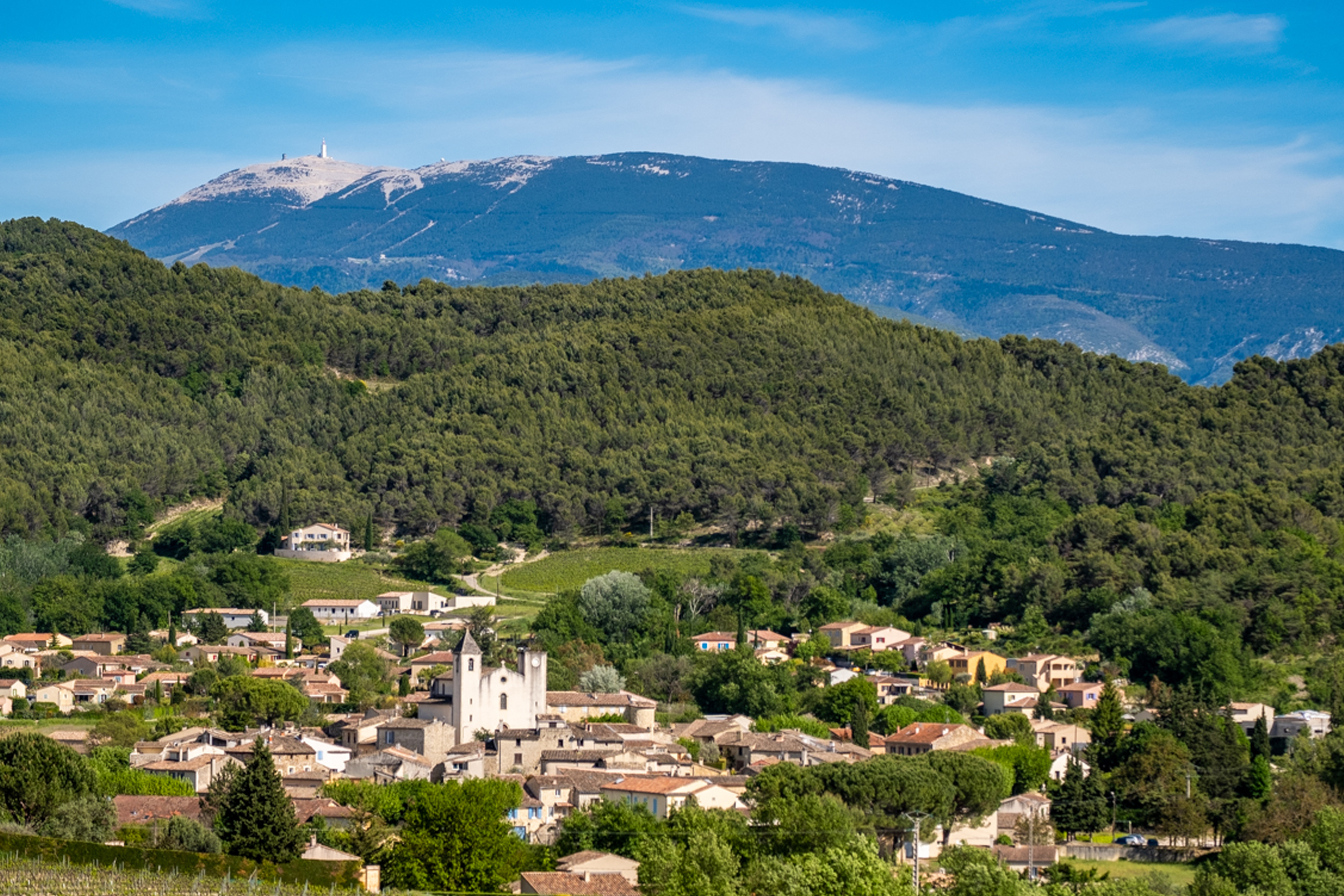 Vue éloignée de Saint-Romain-en-Viennois, entouré de collines forestières et avec le Mont Ventoux en arrière plan.