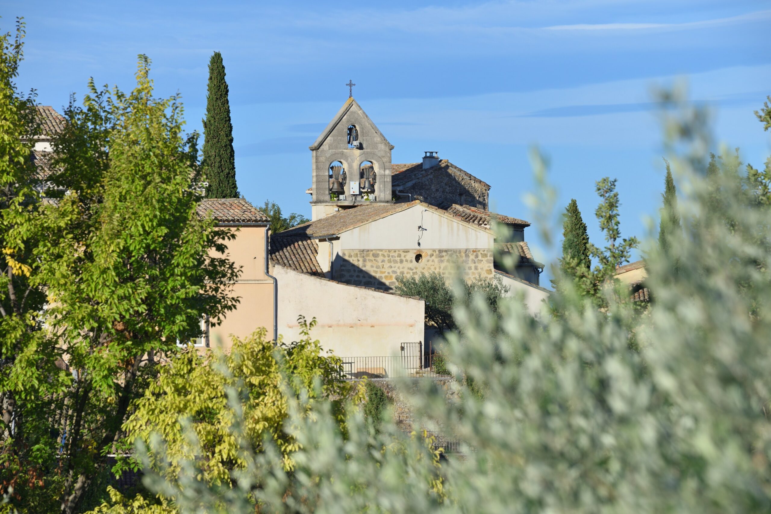 Vue du village de Saint-Roman-de-Malegarde avec clocher de l'église.