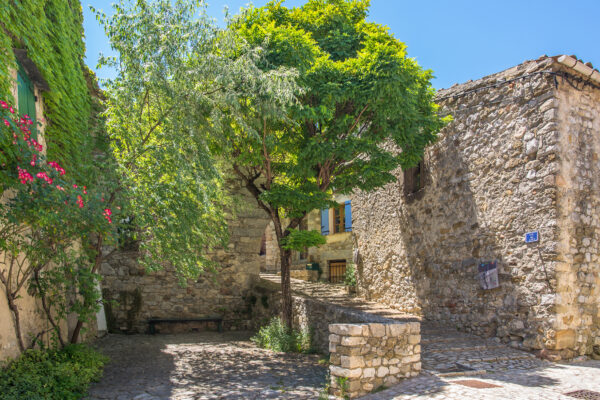 Vue d'une petite place arborée avec un escalier en calade sur la droite.