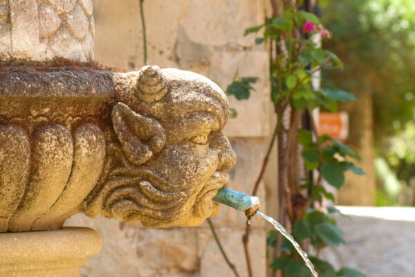 Gros plan sur une gargouille par la bouche de laquelle s'écoule l'eau d'une des fontaines du village.