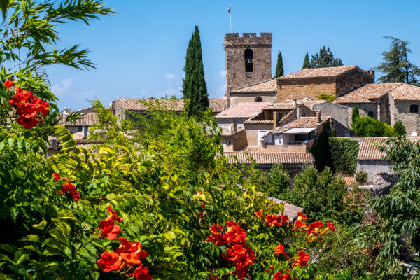 Vue sur la tour du château de Villedieu avec un massif de fleurs au premier plan.