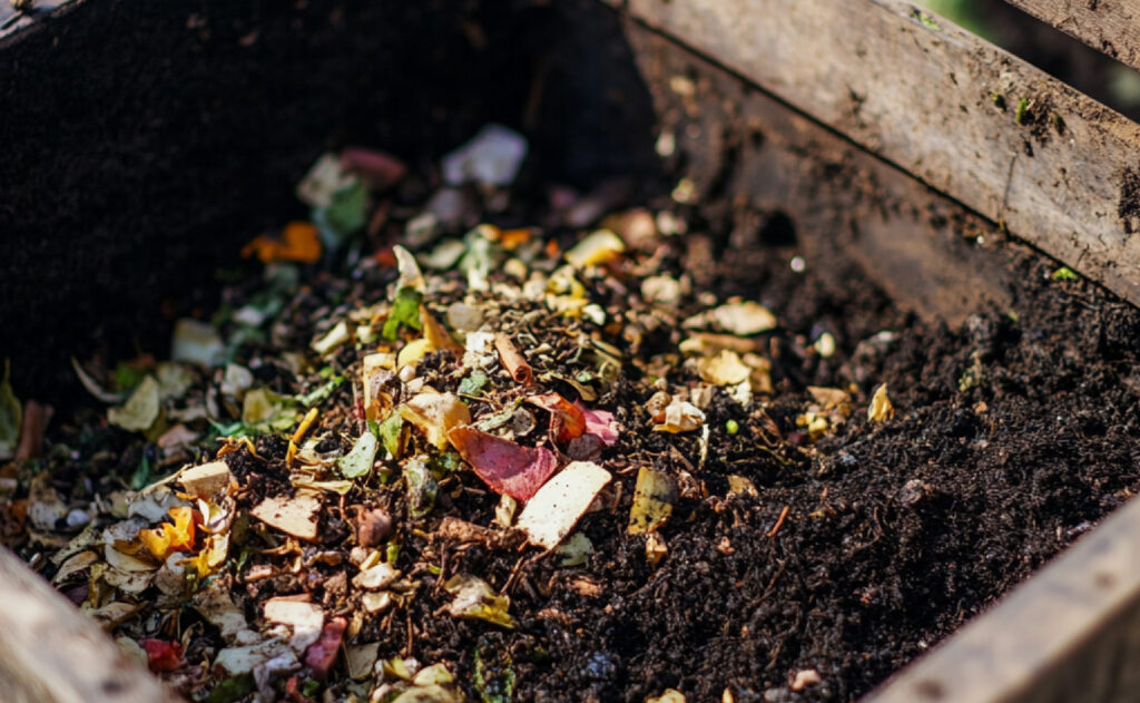 Zoom sur le contenu d'un bac à compost.